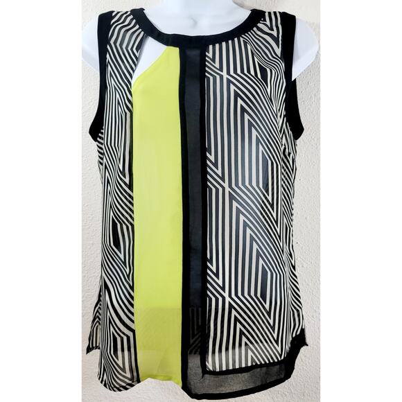 Mentha & Chocolate Black White Yellow Geo Print Sheer Top Medium Lightweight - Picture 1 of 6